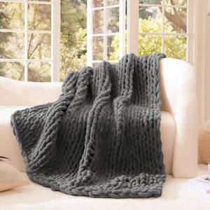 lot 19341 image: WRENSONGE Chunky Knit Blanket Throw Dark Grey Large Soft Fluffy Cable Knit Crochet Throw 100percent Hand Knitted Blanket for Couch Bed(50x60in) - Retail $60
