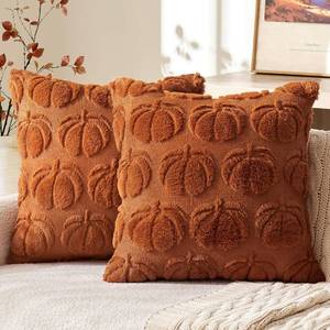 lot 19348 image: MIULEE Fall Throw Pillow Covers 16x16 Set of 2 Autumn Decorations Dark Rust Pumpkin Accent Pillowcase for Outdoor Porch Sofa Couch Bed Living Room Plush Faux Fur Halloween Farmhouse Home Decor - Retail $12
