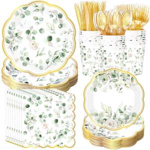 lot 19355 image: Sunnychicc 400 Pcs Sage Green Color Party Supplies Serve 50 Guests Eucalyptus Flowers Disposable Paper Plates Napkins and Cups for Bridal Baby Shower Birthday Wedding Party Decorations(Vivid) - Retail $35