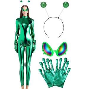 lot 19364 image: Maiteenly Womens Shiny Metallic Unitard Bodysuit Catsuit Halloween Cosplay Costume Accessories Alien Headband Glasses Gloves (Green,M) - Retail $39