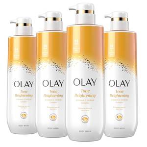 lot 19369 image: Olay Body Wash for Women, Tone Brightening Exfoliation, Vitamin C Serum Complex, Renew Moisture, Free of Parabens and Phthalates, Vitamin B3 Lameller Technology, For All Skin Types, 20 fl oz (Pack of 4) - Retail $39
