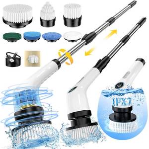 lot 19381 image: Electric Spin Scrubber Upgraded Battery with Extra-Long Runtime, IPX7 Waterproof Power Cleaner with 7 Brush Heads, 2 Speeds Adjustable Long Handle for Bathroom, Floor, Shower, Tile and Kitchen Cleaning - Retail $62