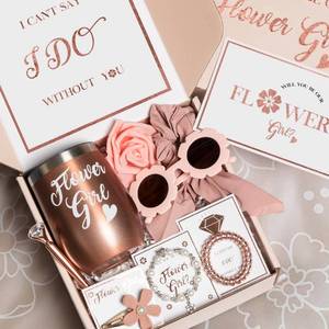 lot 19386 image: Flower Girl Proposal Box 9 Pcs Gift Set Basket, Will You Be My Flower Girl Gift from Bride, Cup Sunglasses Bracelet Hair Clip Hair Ties Proposal Card Pen Tumbler - Retail $29