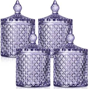 lot 19390 image: Aoriher 4 Pcs Crystal Glass Candy Jar Set with Lids Home Decorative Storage Jars for Apothecary, Bathroom, Kitchen, and Pantry, Ideal for Cotton Swabs and Jewelry(Medium,Light Purple) - Retail $24