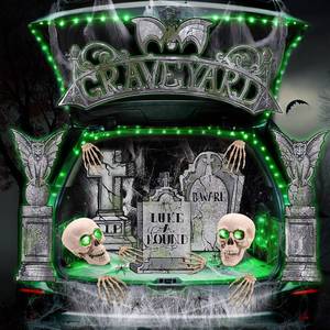 lot 19398 image: Halloween Trunk or Treat Car Decoration Kit, Tombstone Trunk or Treat Decorations for SUV with LED Lights, Halloween Archway Garage Decorations Outdoor for Car Garage Door Entryway - Retail $30