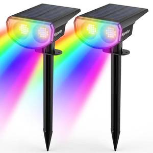 lot 19412 image: Kyosho Solar Color Spot Lights Outdoor, 9 Lighting Modes Halloween Christmas Lights, 38 LEDs Color Changing Waterproof RGBW Multicolor Tree Pool Solar Spotlight, 2 Pack - Retail $38
