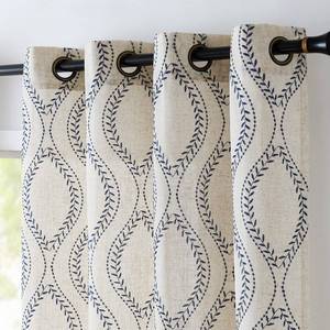 lot 19414 image: jinchan Boho Linen Blend Curtains Beige Farmhouse Curtains 96 Inches Long Blue Embroidered Leaf Living Room Ogee Geometry Drapes Light Filtering Grommet Country Drapes 2 Panels Blue on Flax - Retail $60