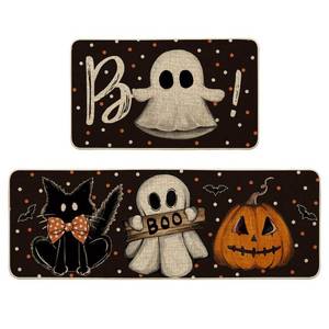 lot 19415 image: Artoid Mode Bats Black Cats Boo Pumpkin Halloween Kitchen Mats Set of 2, Home Decor Low-Profile Kitchen Rugs for Floor - 17x29 and 17x47 Inch - Retail $28