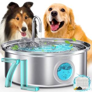 lot 19426 image: oneisall Dog Water Fountain, 7L230oz1.8G Quiet Dog Fountain Water Bowl, Stainless Steel Dog Water Fountain with Visual Water LevelandTriple Filtration for Large Medium Small Breed Dogs Pets - Retail $50