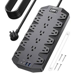 lot 19435 image: 18 Widely Outlets Power Strip, SUPERDANNY Surge Protector with 4 USB Ports, 15FT Flat Plug Heavy Duty Extension Cord, 2100J, 1875W15A, Wall Mount Holes for Home, Office, Dorm, Black - Retail $39