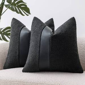lot 20408 image: SINYASAN 18x18in Charcoal Black Boucle Throw Pillow Covers with Faux Leather Accents Set of 2 Fluffy Textured Decorative Pillow Cases for Couch Bed Boho Farmhouse Square Cushion Covers for Nordic Home - Retail $18