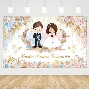 lot 20412 image: MEHOFOND 6x3.6ft Nuestra Primera Comunin Backdrop Pastel Blue and Pink Nuestra Bautizo Photography Background First Holy Communion Party Decorations Feather Wheat Pigeon God Bless Party Photo Prop - Retail $7
