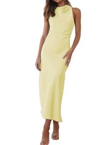 lot 20415 image: Halfisland Summer Satin High Neck Backless Sleeveless Midi Dresses for Women Elegant Mock Neck High Waist Cross Back Cocktail Dress Yellow Small - Retail $48