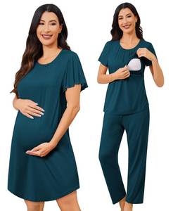 lot 20416 image: SWOMOG 3PCS Maternity Nursing Nightgown and Pajamas Set Short Sleeve Pjs for Breastfeeding Hospital Pregnancy Lounge Sets Blue Green Medium  - Retail $29
