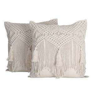 lot 20428 image: Folkulture Boho Throw Pillow Covers 18X18, Macrame Decorative Pillow Covers, Modern Farmhouse Bohemian Pillowcases for Bed, Couch or Sofa, Set of 2 Farmhouse Pillow Covers with Tassels, Natural White - Retail $25