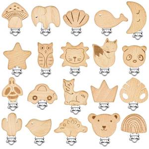lot 20430 image: 20 Pieces Wood Pacifier Clips Toy Suspender Clips Charm DIY Pacifier Holder for Baby Toddler Teething Grasping Accessory - Retail $16