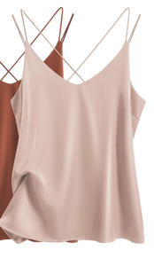 lot 20435 image: Ekouaer Womens SINGLE Silk Satin Camisole Tank Top V Neck Sexy Cross Back Spaghetti Strap Cami Sleeveless Lounge Top Large PINK - Retail $28
