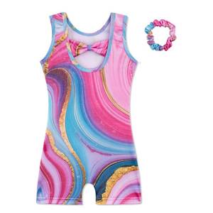 lot 20436 image: HOZIY Girls Gymnastics Outfit Size 9-10 Sparkle Kids Sleeveless Bow Back Leotard Biketard Unitards with Scrunchie Tumbling Dance Activewear Blue Pink Gold Marble - Retail $12