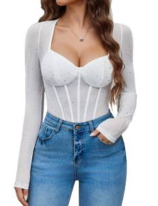 lot 20445 image: Avidlove Women Long Sleeve Bodysuit Rhinestone Body Suits Top Mesh Glitter Shirt Going Out Tops Fall Outfits XXL - Retail $20