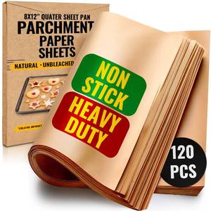 lot 20452 image: Quarter Sheet Pans 8x12 Inch Pack of 120 Parchment Paper Baking Sheets by Baker�s Signature  Precut Silicone Coated and Unbleached � Will Not Curl or Burn � Non-Toxic and Comes in Convenient Packaging - Retail $12