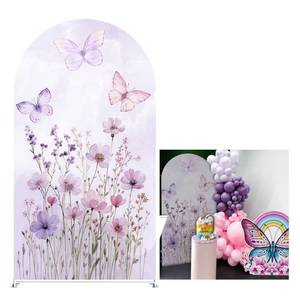 lot 20454 image: KONPON Butterfly Arched Backdrop Cover Spring Pink Purple Flowers Stretchy Arched Stand Cover for Girls Birthday Party Decorations (No Stand) - Retail $39