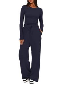 lot 20466 image: Darong Two Piece Sets for Women Fall Outfits Lounge Sets Crew Neck Tops Wide Leg Pants Vacation Travel Outfits 9065A Dark Blue M - Retail $40