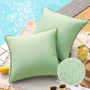 lot 20473 image: Phantoscope Pack of 2 Outdoor Waterproof Throw Pillow Covers with Contrast Piping, Decorative Square Cushion Case Patio Pillows for Couch Tent Sunbrella, Sage Green 18x18 inches - Retail $15