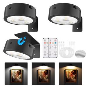 lot 20483 image: Tututry Picture Lights for Wall, Rechargeable Battery Operated Wireless Magnetic Painting Lights with Remote Dimmable and Timer, Wall Decor Lights with 3 Lighting Modes for Art Display (Black, 3Pack) - Retail $17