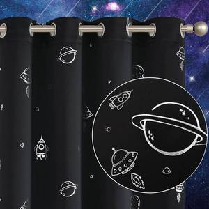 lot 20500 image: Vangao Black Kids Curtains for Boys Bedroom Space Theme Blackout Curtains for Kids Nursery Girls Room 63 Inches Length Silver Foil Print Drapes Grommet Top Window Treatments Set 2 Panels - Retail $27