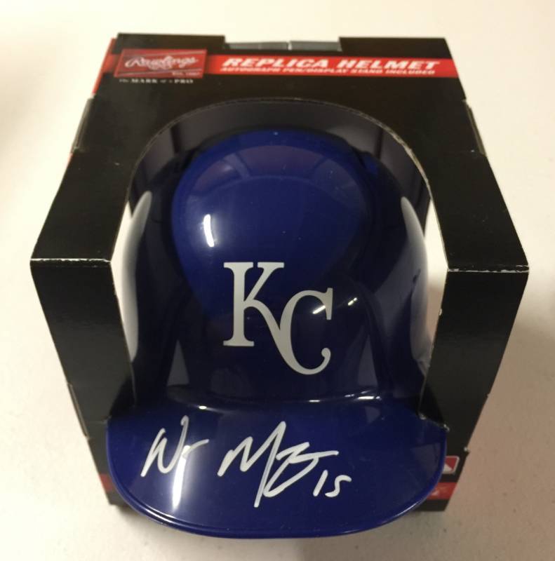 lot 1005 image: Signed Whit Merrifield Kansas City Royals Mini Helmet wJames Spence Authentication and White Ink Signature