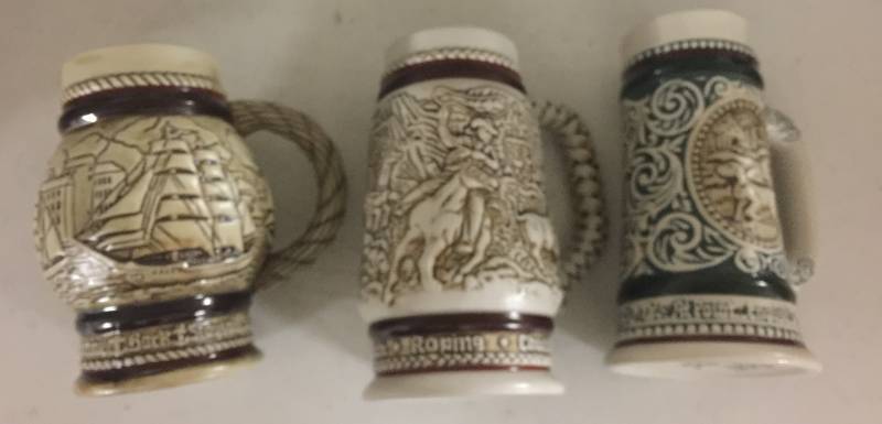 lot 1226 image: Three Mini Collectors Steins 1982 and 1983x2 Ships  Wild West Fishing and Hunting