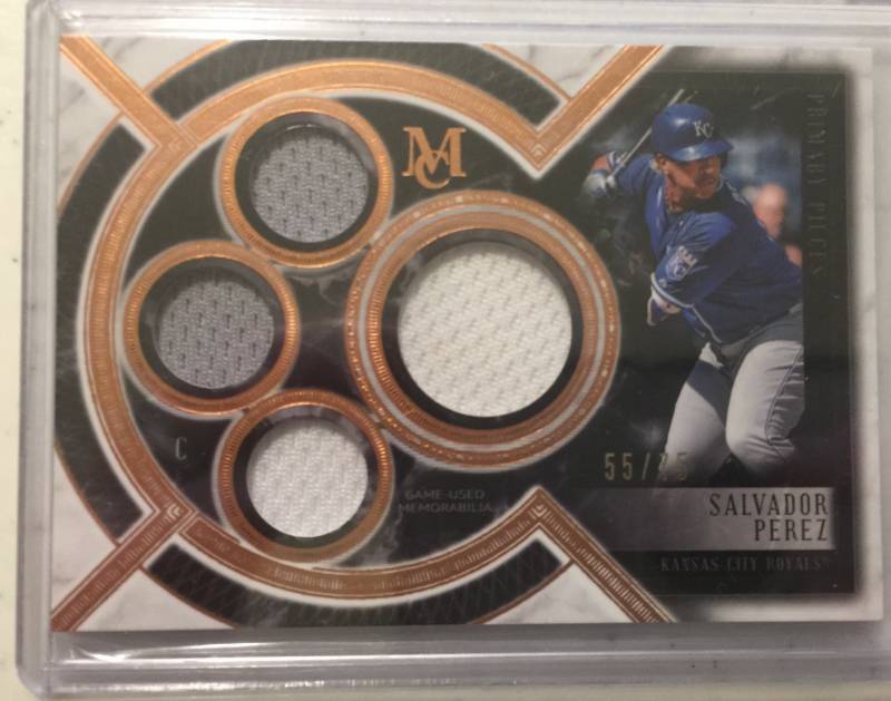 lot 1081 image: Brand New 2018 Topps Museum Salvador Perez Quadruple Game Worn Jersey Swatches #5575 Kansas City Royals