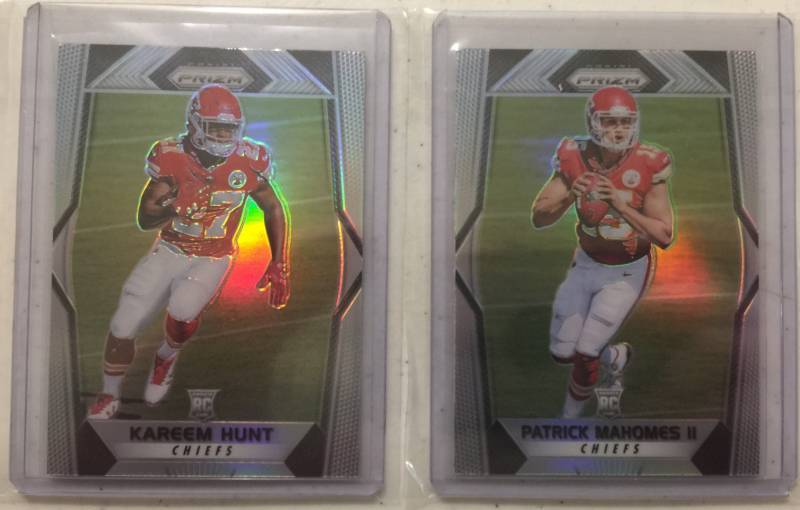 lot 1083 image: 2017 Panini Prizm Kansas City Chiefs Rookie Football Cards of Patrick Mahomes and Kareem Hunt Both Rookies And Silver Prizms