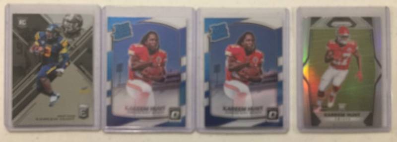 lot 1086 image: Four 2017 Panini Kareem Hunt Rookie Cards Kansas City Chiefs - Two Donruss Optic Rated Rookies, Silver Prizm, Elite Draft Picks