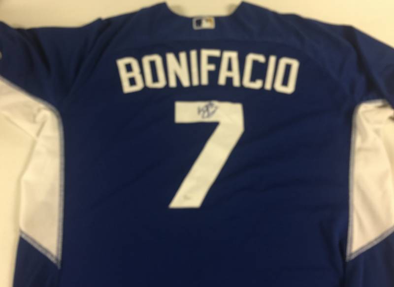 lot 1003 image: Spring Training Game Used & Signed Jorge Bonifacio #7 Kansas City Royals Jersey MLB Hologram for Jersey & James Spence Authentication for Autograph