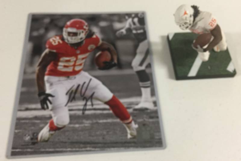 lot 1090 image: Two Jamaal Charles Pieces - Kansas City Chiefs 8x10 Photograph Signed & Custom McFarlane University of Texas Longhorns Figure