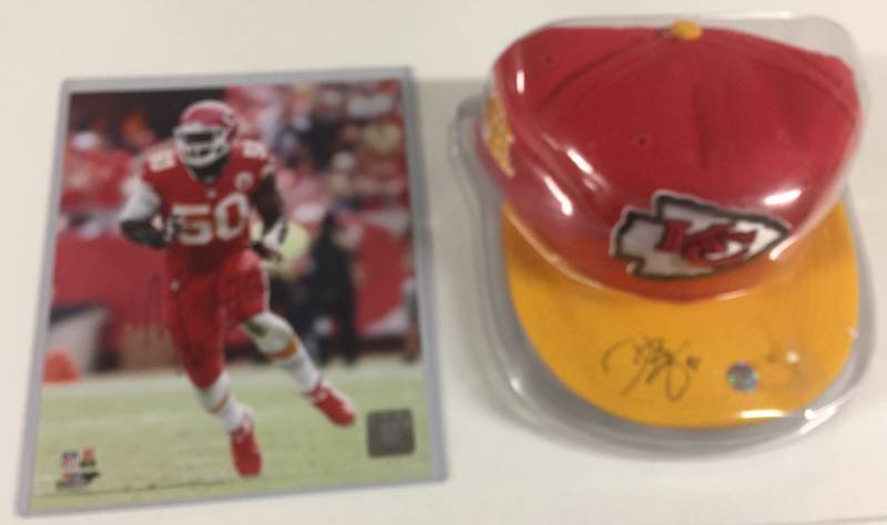 lot 1092 image: Signed Justin Houston 8x10 Kansas City Chiefs Photograph & Dwayne Bowe Signed Chiefs Hat with Clamshell & Embroidered Logo