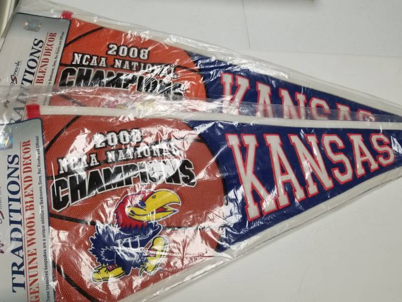 lot 1337 image: 2008 Kansas Jayhawks KU NCAA National Champions Full Size Leather & Wool Pennants Lot of 2