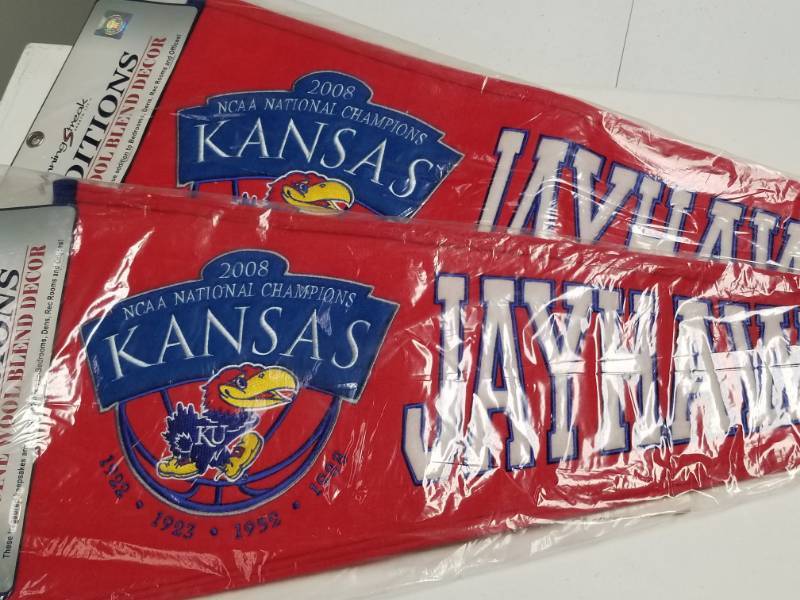 lot 1338 image: 2008 Kansas Jayhawks KU NCAA National Champions Full Size Wool Pennants Lot of 2