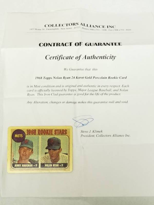lot 1353 image: Nolan Ryan 1968 Topps Gold Porcelain Rookie Card Limited Edition HOF w COA