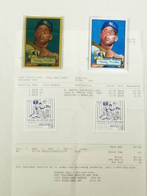 lot 1354 image: Mickey Mantle 1952 Topps Gold Porcelain Rookie Card Limited Edition HOF  Bonus