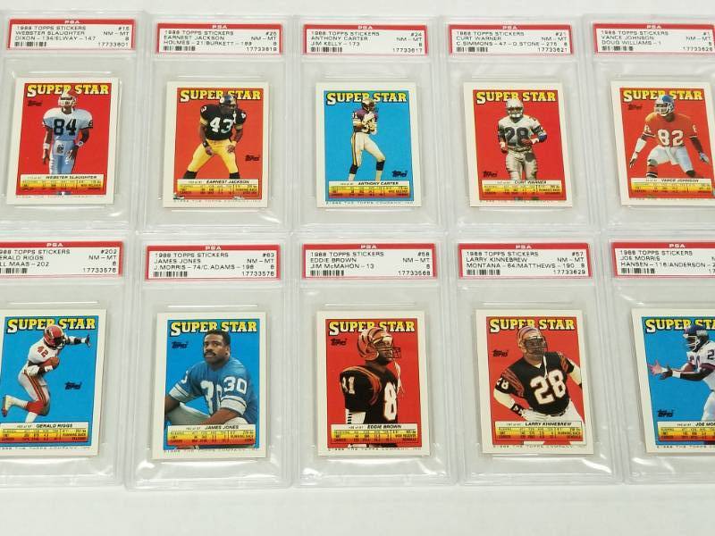lot 1367 image: Graded Football Card 1988 Topps Stickers Lot of 10 w Joe Montana & Jim Kelly PSA 8 NM-MT