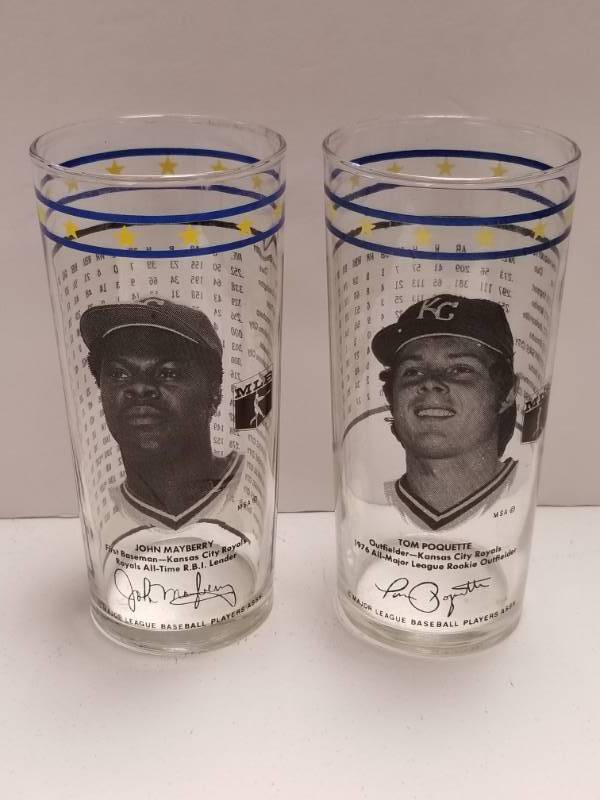 lot 1377 image: 1977 Kansas City Royals Pizza Hut Glasses Lot of 2 w John Mayberry & Tom Poquette