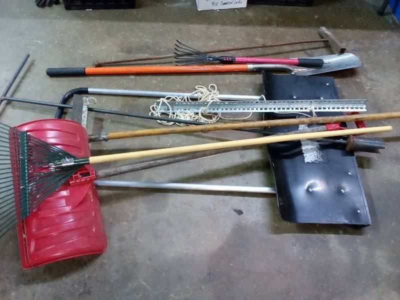 lot 11 image: Outdoor Lawn Tools  Snow Shovels  Rakes  Water Shut-Off Wrenches 