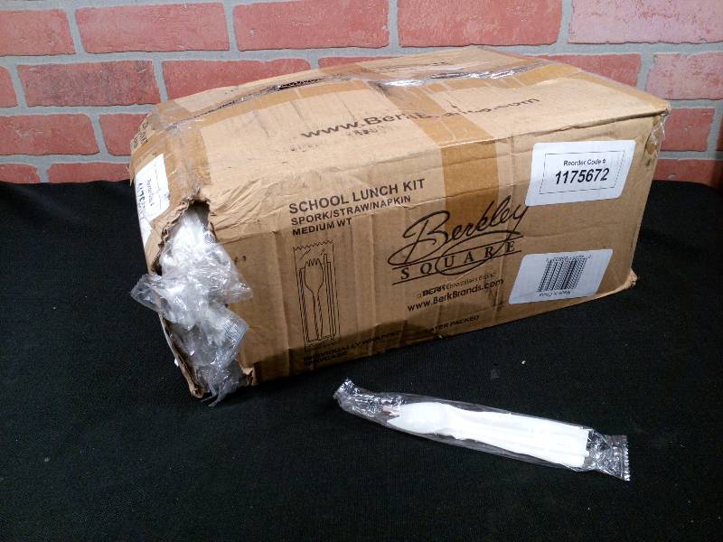 lot 194 image: Berkley Plastic Pre-Wrapped Cutlery Set Spork, Milk Straw & Napkin