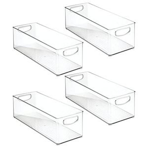 lot 17025 image: mDesign Plastic Office Supply Organizer - Storage Holder Bin with Handles for Desk Drawer, Cabinet - Pencil, Pen, Envelope and Supplies Container Basket - Ligne Collection - 4 Pack - Clear - Retail $198