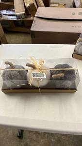 lot 17031 image: New Boxed Grey and White Decorative Woolen Spheres - Retail $24