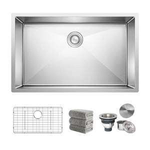 Kitchen Sink 30x18 Inch Undermount Sink Stainless Steel 16 Gauge Single Bowl Kitchen Sinks Set (5 Item Bundle: Sink, Bottom Grid, Drain Assembly, Drain Cap, Towel) - Retail: $176