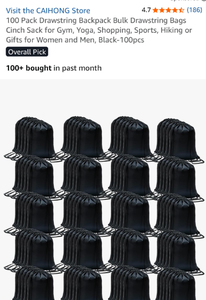 lot 17080 image: 100-Pack Black Drawstring Backpack Bundle - Retail $59