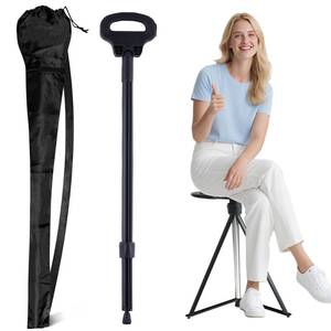 lot 17113 image: ALEVMOOM Walking Cane with Seat Folding Lightweight, 2-in-1 Cane Stool for Adults, Aluminum Walking Stick with Seat, Capacity 330lb Portable Stool for Senior, with Carry Bag-Black - Retail $63